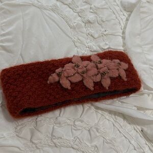French Knot Felt Flower Headband Ear Warmer Knitted Felted Flower Beaded Orange